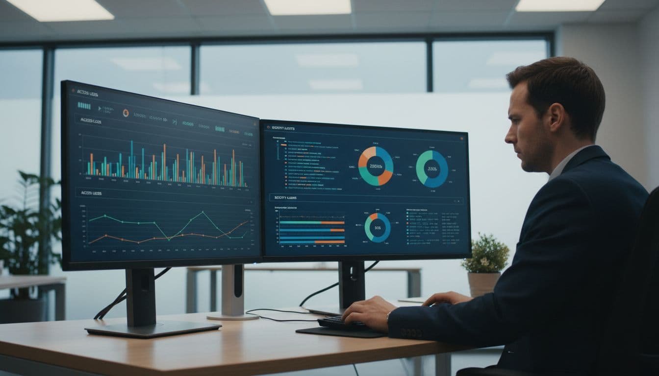 An admin team member sits at a modern office desk, intently reviewing the Google Workspace security dashboard on dual monitors displaying access logs and alerts. The realistic scene features soft office lighting and a focused expression, with exactly one person visible.