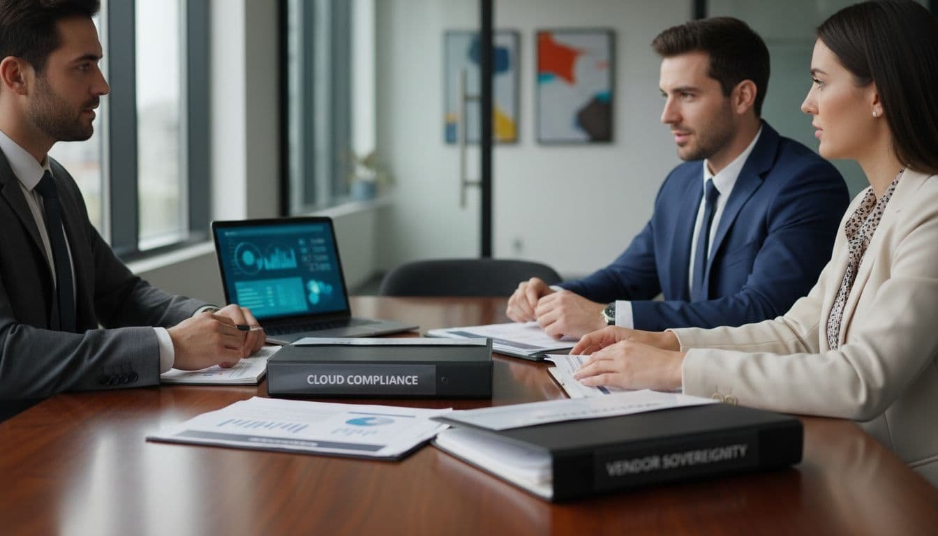 Three business professionals in a conference room seated around a table, reviewing cloud compliance documents with one open laptop displaying a blurred dashboard, natural office lighting, realistic style.