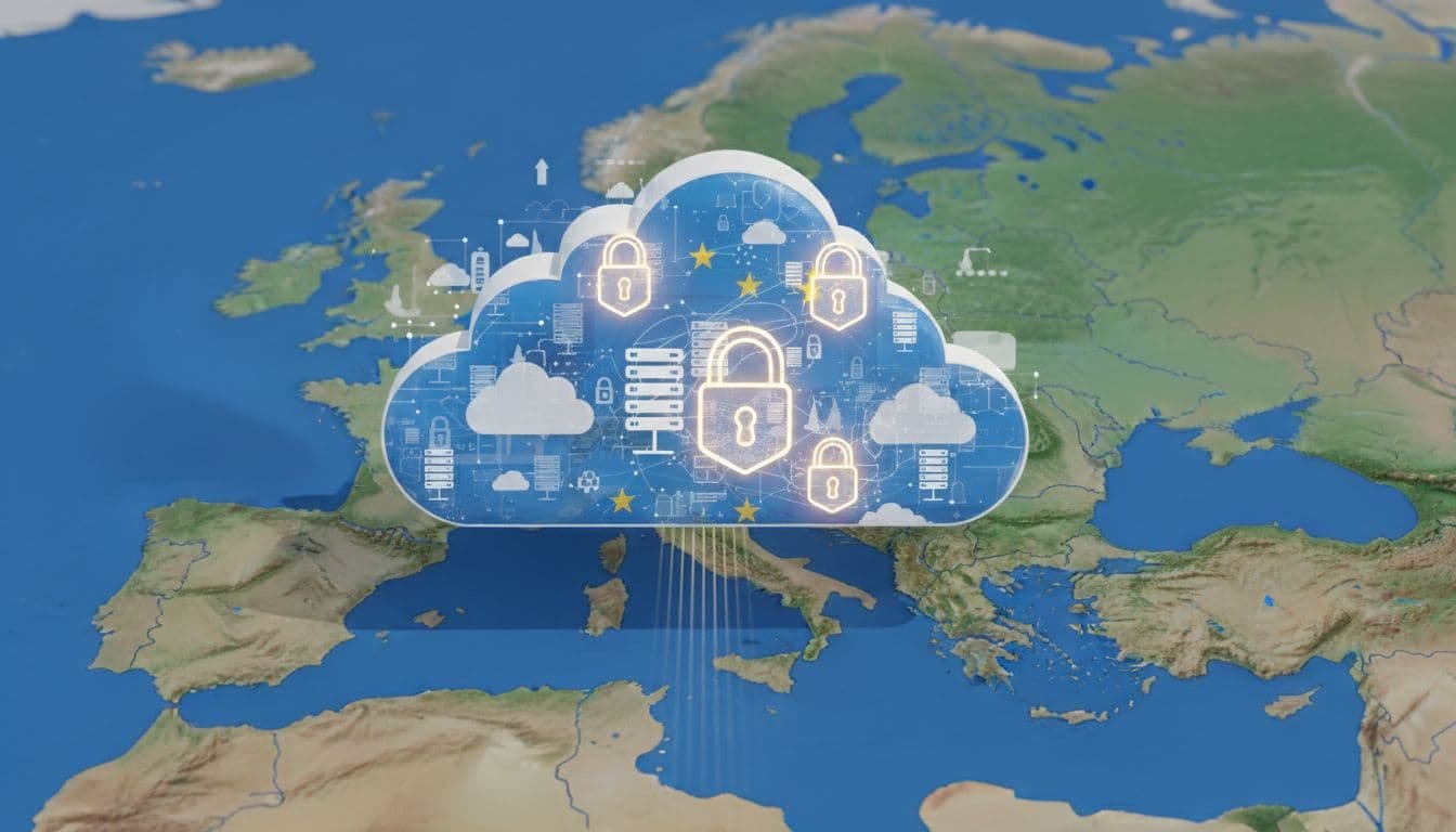 European Union flag integrated with stylized cloud computing icons and data locks over a map of Europe, rendered in modern digital art style with bright daylight lighting.