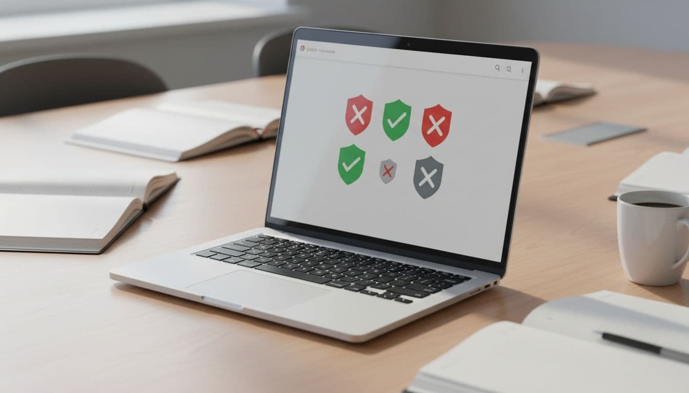 Secure laptop on conference table displaying Google Workspace endpoint management interface with device compliance icons, surrounded by notebooks and coffee mug in professional setting with natural daylight, photorealistic.
