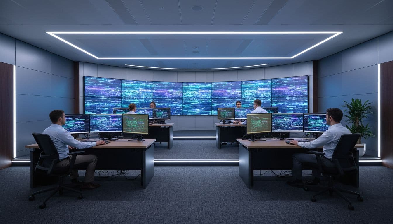 Professional security analysts work at sleek desks equipped with multiple high-tech monitors displaying complex, colorful data visualizations. The minimalist room features soft ambient lighting that highlights a clean, high-tech corporate atmosphere.