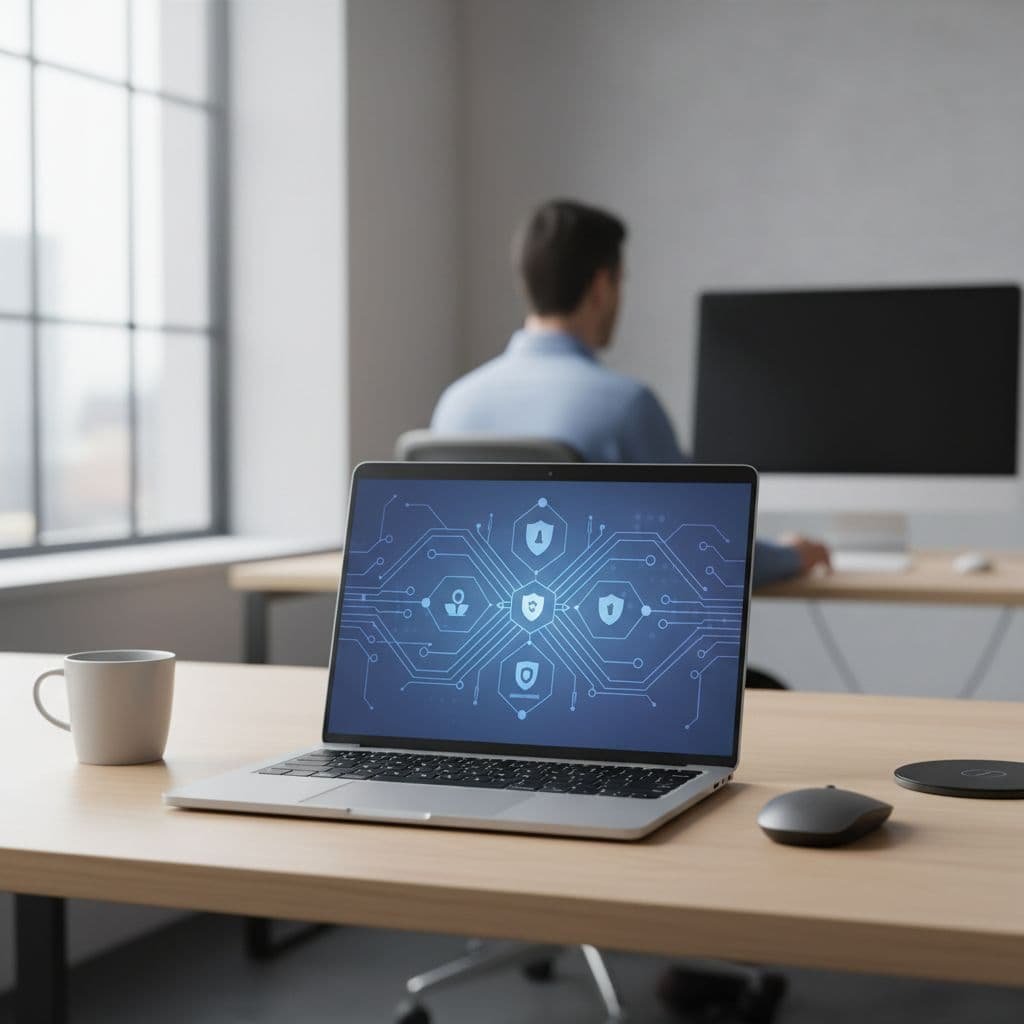 A sleek silver laptop rests on a minimalist wooden desk, displaying a complex digital security pattern on its screen. In the blurred background, a person works diligently in the soft light.