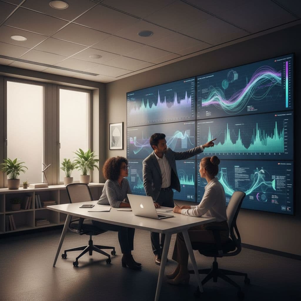 Cortex XSIAM Pricing in 2026: What SOC Buyers Need to Budget 1 Three diverse analysts review data trends on wall monitors within a professional office workspace.