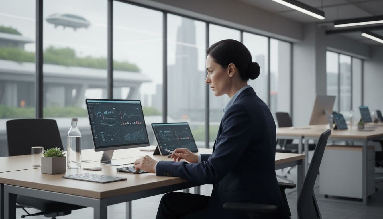 A focused professional sits at a clean, minimalist desk in a sunlit office, reviewing digital budgets on a laptop screen. The environment emphasizes quiet efficiency for complex identity management strategy work.