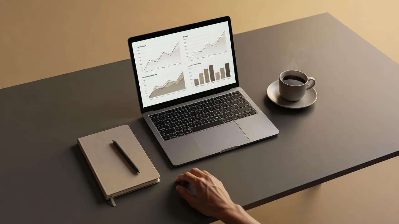 Arctic Wolf Pricing in 2026: MDR Buyer Benchmarks 2 An overhead view displays a laptop, a leather-bound notebook, and a steaming coffee mug on a clean workspace. A person's hand rests near the papers, suggesting active financial and budget analysis.
