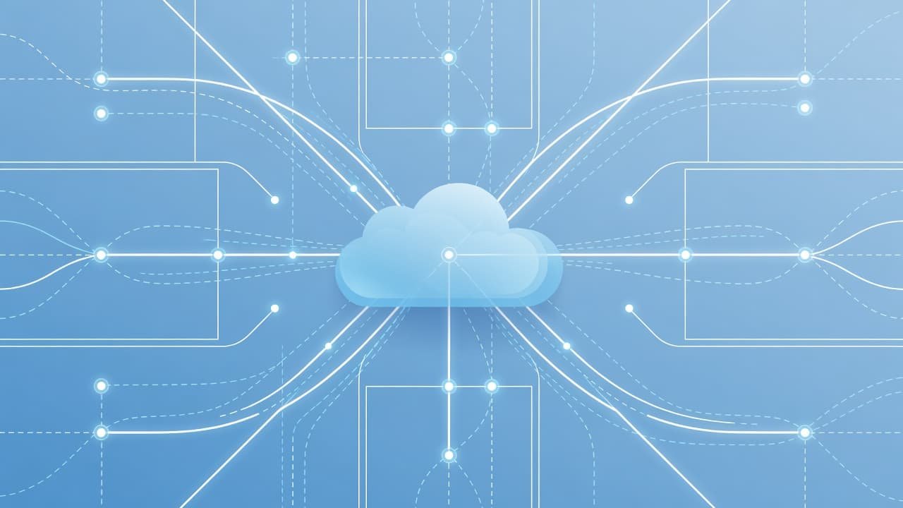 Soft blue and white nodes float within an abstract cloud environment. Thin lines trace data flow paths between organized digital clusters to visualize a professional and secure networking system.