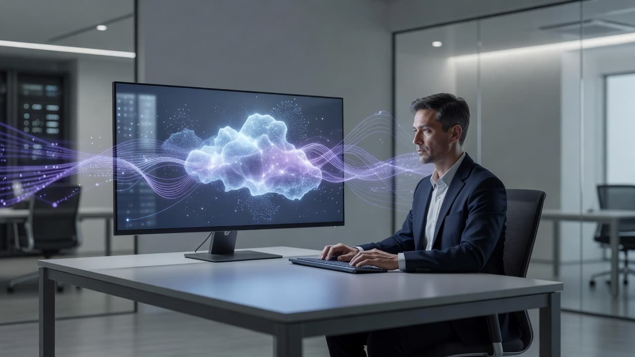 A focused cybersecurity analyst sits at a tidy desk, observing complex glowing data visualizations of cloud networks displayed on a large wall-mounted monitor. Ambient blue and purple lighting enhances the professional workspace.