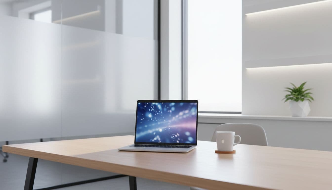 SentinelOne Pricing in 2026 for EDR and MDR Buyers 1 A minimalist wooden desk holds a single silver laptop alongside a simple ceramic coffee mug. Soft abstract light patterns glow on the screen, creating a focused atmosphere for financial security planning.