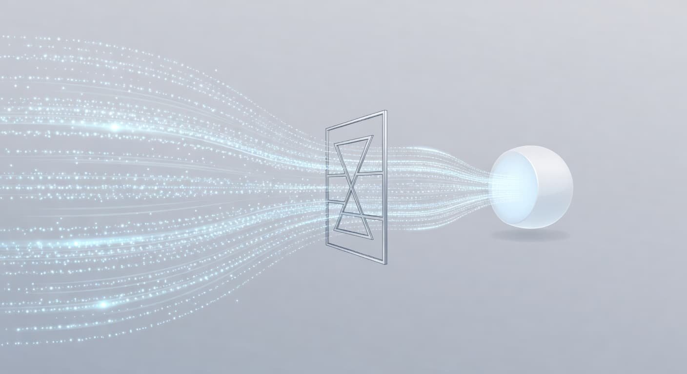 Glowing streams of digital particles converge through a geometric gate, transforming into orderly rays that funnel into a central crystalline hub. Soft ambient light illuminates the clean, minimalist technological environment.