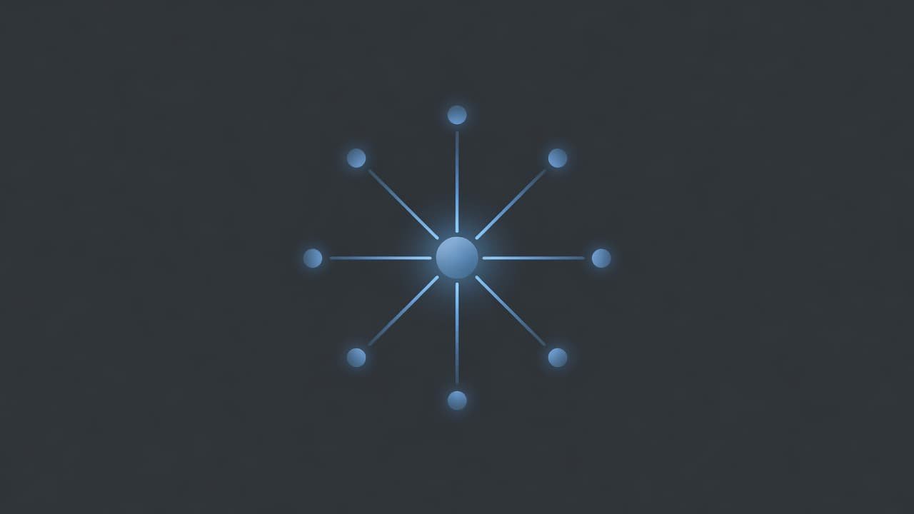 A central glowing node radiates light to smaller orbiting spheres against a dark grey backdrop. Thin, precise blue lines form complex connections, illustrating secure data access within an enterprise environment.