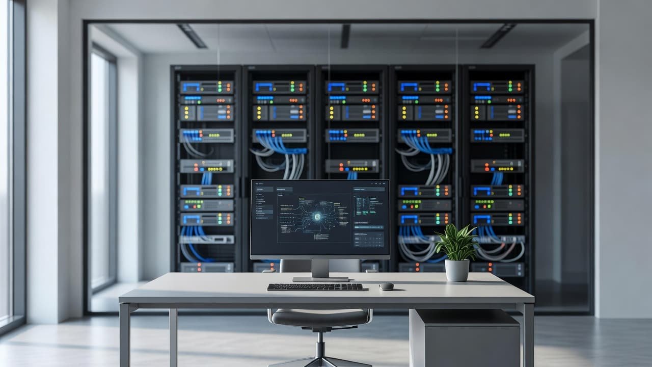 Cloudflare Zero Trust Pricing in 2026: What Enterprise Buyers Can Budget 1 A minimalist desk setup features a sleek workstation facing a blurred, glowing server room environment. The composition utilizes soft natural light to highlight high-tech infrastructure and clean architectural lines.