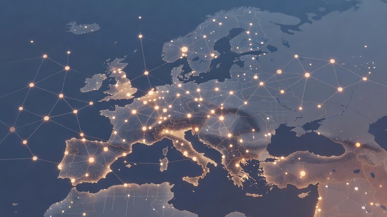 Sovereign AI in Europe: What Buyers Can Verify 1 A complex web of luminous blue interconnected nodes spans a digital landscape, highlighted by soft orange glows. This abstract representation illustrates secure technological pathways connecting various points across the European continent.