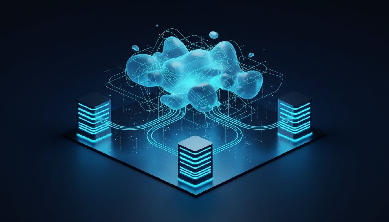 Vibrant blue and cyan light lines trace complex patterns between abstract server racks and data nodes. This high-tech visualization illustrates the flow of information within a secure, integrated hybrid computing environment.