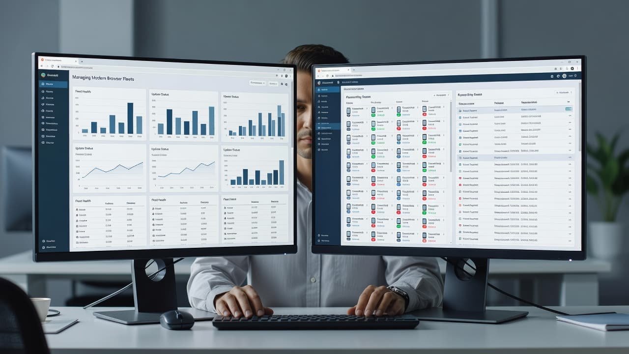An IT professional sits at a clean desk viewing two high-resolution monitors. The left screen displays a complex web analytics dashboard, while the right monitor features a standard browser interface.