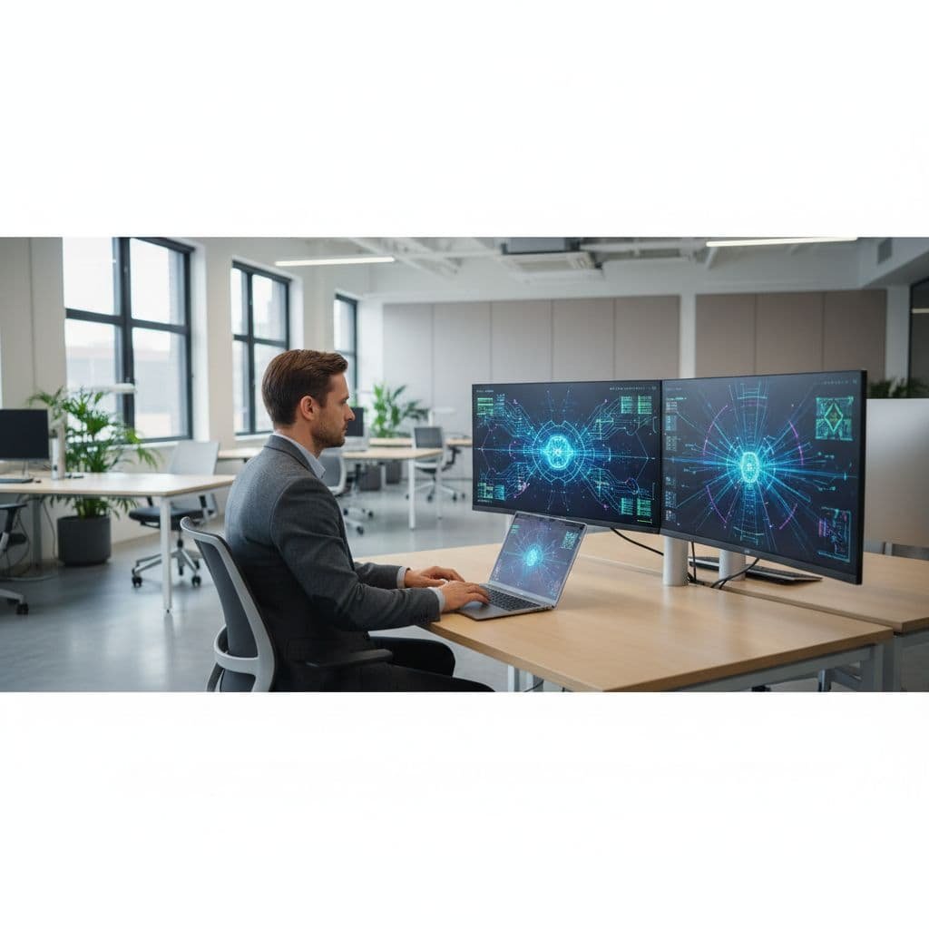 An IT architect sits at a clean desk using dual monitors and a laptop to analyze complex network node visualizations. Soft ambient light illuminates the modern, high-tech enterprise office space.