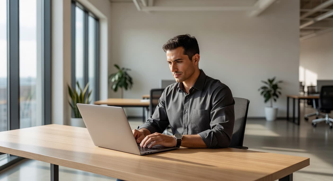 Proofpoint Pricing in 2026: What Email Security Buyers Pay 1 A focused IT specialist sits at a minimalist wooden desk in a bright office. He is carefully analyzing complex system configurations on his open laptop screen while bathed in soft daylight.
