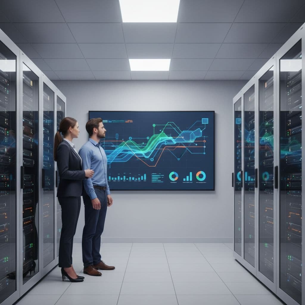 A man and woman in professional attire stand inside a brightly lit server room. They observe a large wall-mounted monitor displaying an abstract data visualization graph for backup planning purposes.