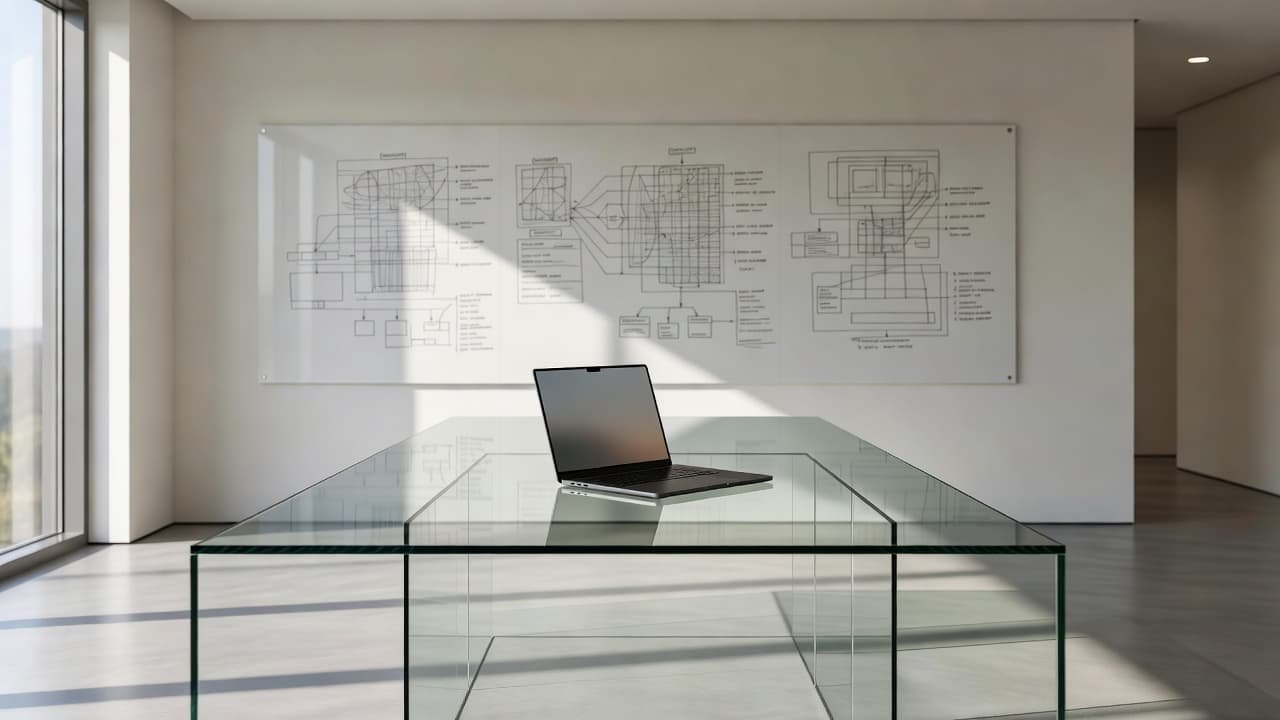 A spacious conference room features a sleek glass table reflecting natural light. On the table sits a solitary laptop, while a whiteboard displays detailed architectural diagrams against the clean white walls.