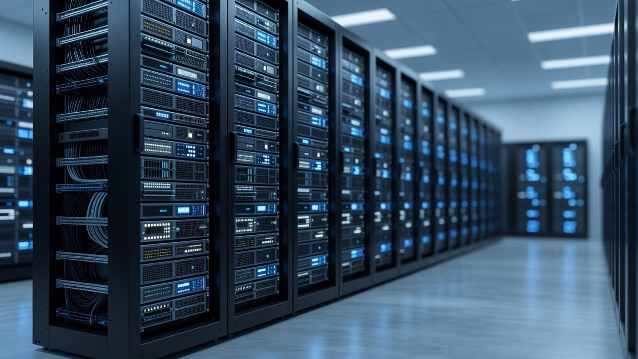 Rows of high-tech server racks feature illuminated blue and white indicator lights that glow in the dark facility. This clean, sleek infrastructure represents the core of secure digital secrets management.