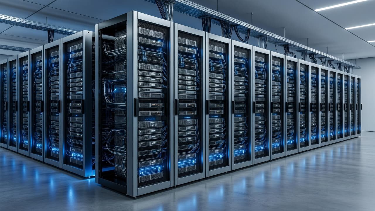 Azure OpenAI Pricing for Enterprise Teams in 2026 1 Rows of illuminated server racks stretch deep into a clean, high-tech room featuring ambient blue lighting. The hardware infrastructure remains organized and orderly, highlighting the scale of modern computational power resources.