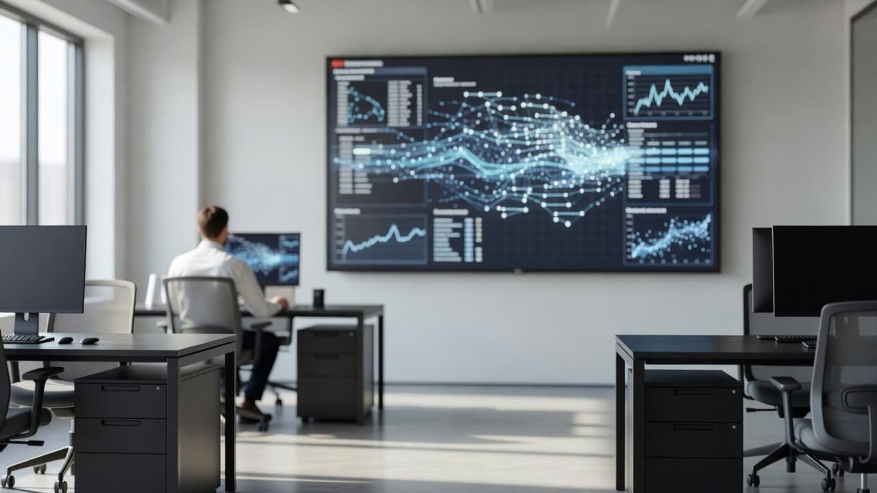 Arctic Wolf Pricing in 2026: MDR Buyer Benchmarks 1 A modern, well-lit office workspace features a large monitor displaying complex, abstract network monitoring data. A blurred figure works in the background, reinforcing a professional and vigilant security operations atmosphere.