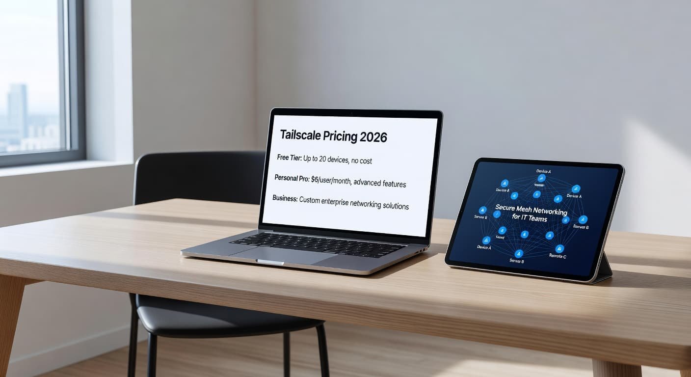 A minimalist desk setup features a sleek laptop and tablet arranged neatly on a smooth wooden surface. Soft natural light streams from a side window, highlighting the organized workspace design.