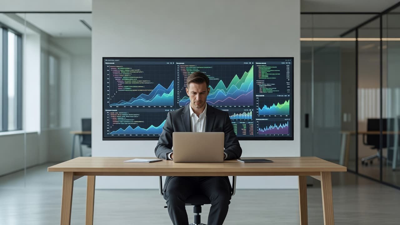 A focused developer sits at a minimalist desk, reviewing complex code and security analytics displayed on a large widescreen monitor. Soft sunlight fills the workspace, highlighting a clean, efficient tech environment.