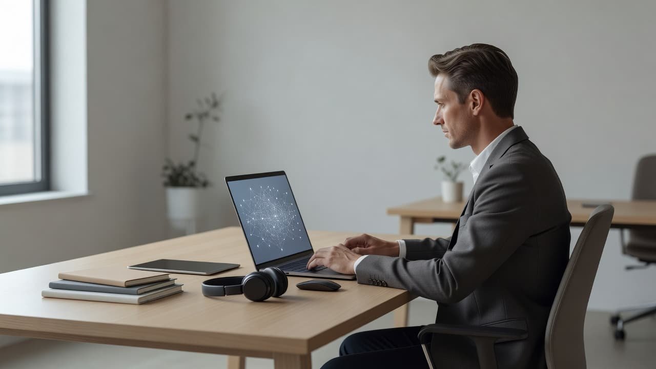 Tenable One Pricing in 2026: A Buyer's Cost Guide 1 A focused professional sits at a clean wooden desk viewing complex network security data on a laptop screen. Soft ambient lighting illuminates organized technical hardware and stationary on the workspace surface.