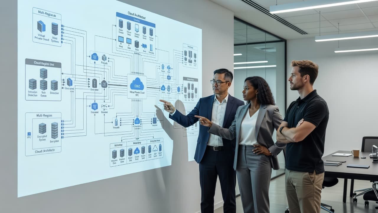 Netskope Pricing in 2026: What SSE and CASB Buyers Should Expect 1 Three professionals stand before a large illuminated glass wall displaying complex network diagrams. They gesture toward the glowing connection nodes while discussing infrastructure security and budget planning in a modern office.