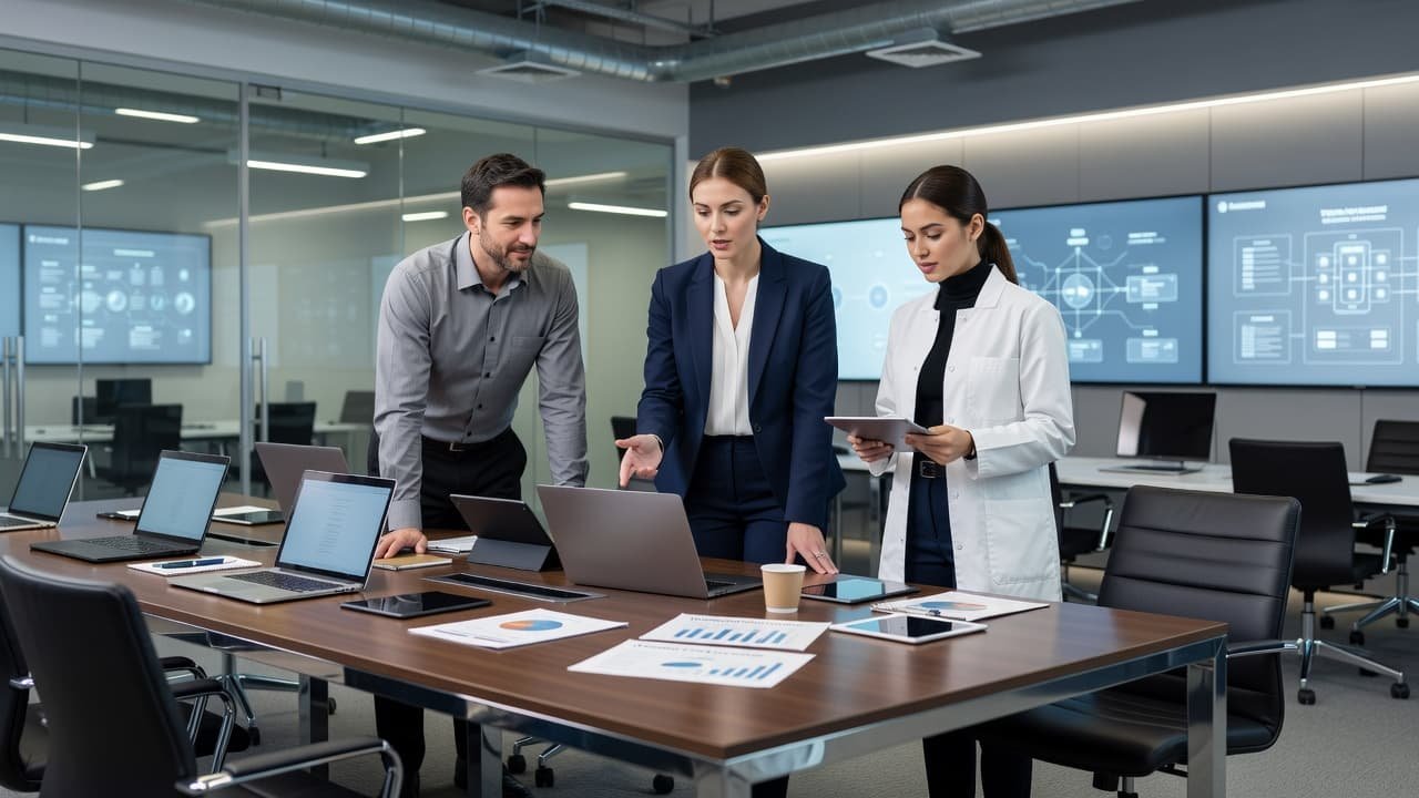 Three professionals stand around a sleek conference table reviewing data on tablets and laptops. The modern, open-plan office space features soft ambient lighting that highlights their focused, collaborative work session.