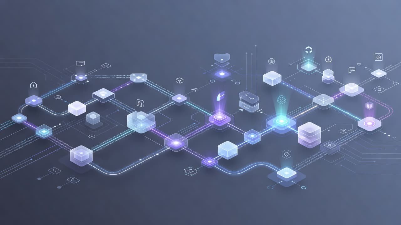 Digital artifacts flow through a glowing network of connected nodes bathed in blue and purple light. Each point represents an automated security check and identity signing stage within the infrastructure.
