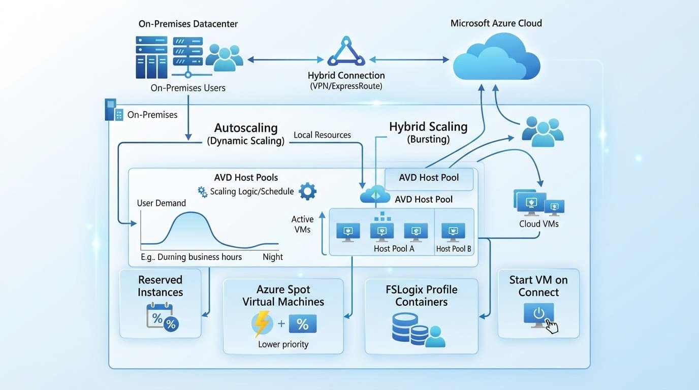 An IT diagram illustrating Azure cost optimization and hybrid scaling strategies in a blue palette.