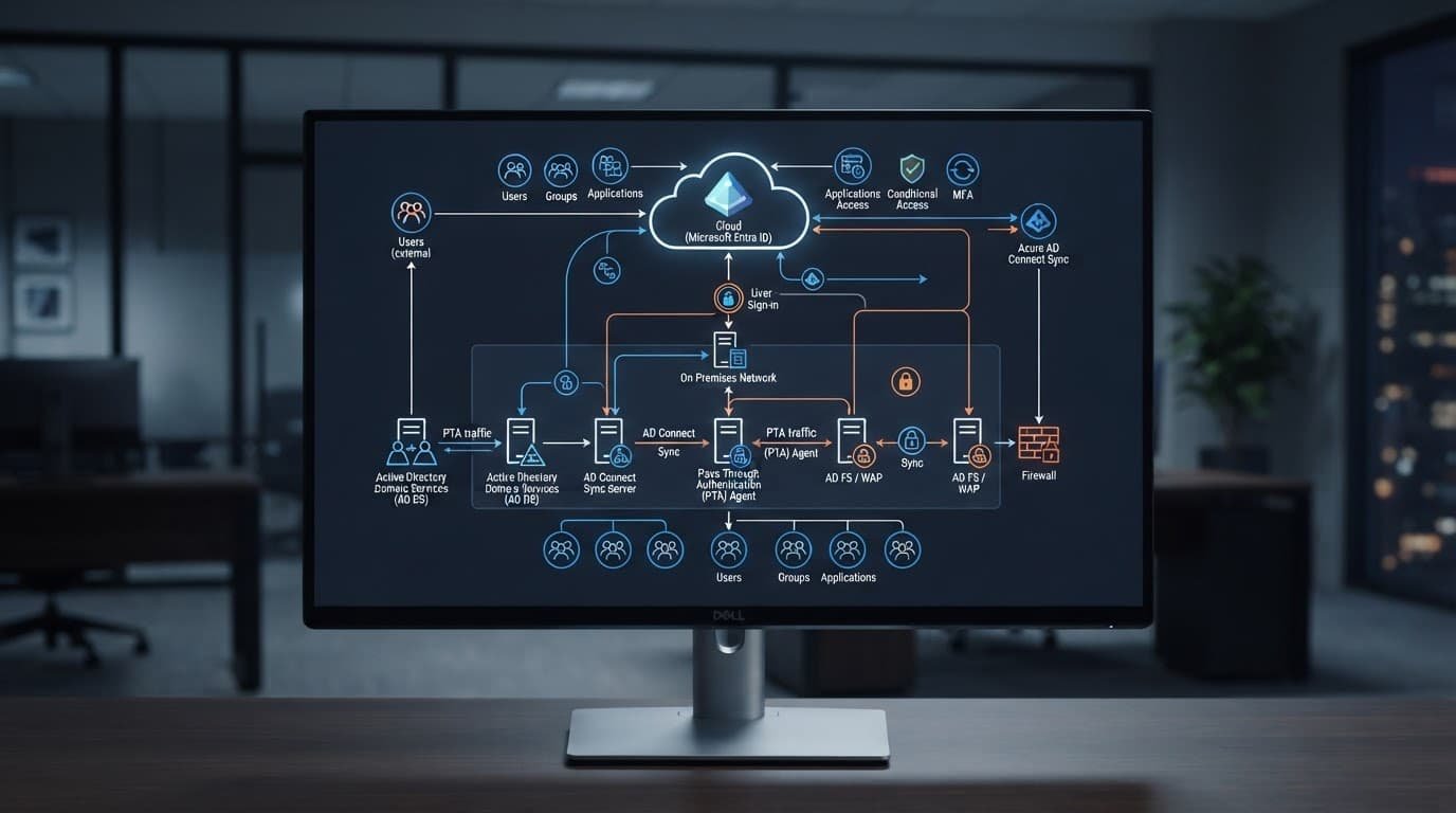 A computer screen showing a glowing server network diagram in a dark room.