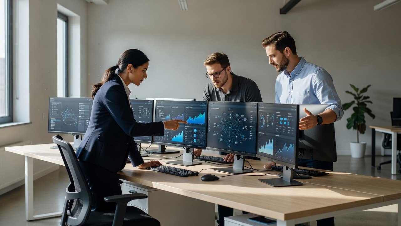 Three engineers analyze cloud infrastructure dashboards on multiple monitors at a clean desk.