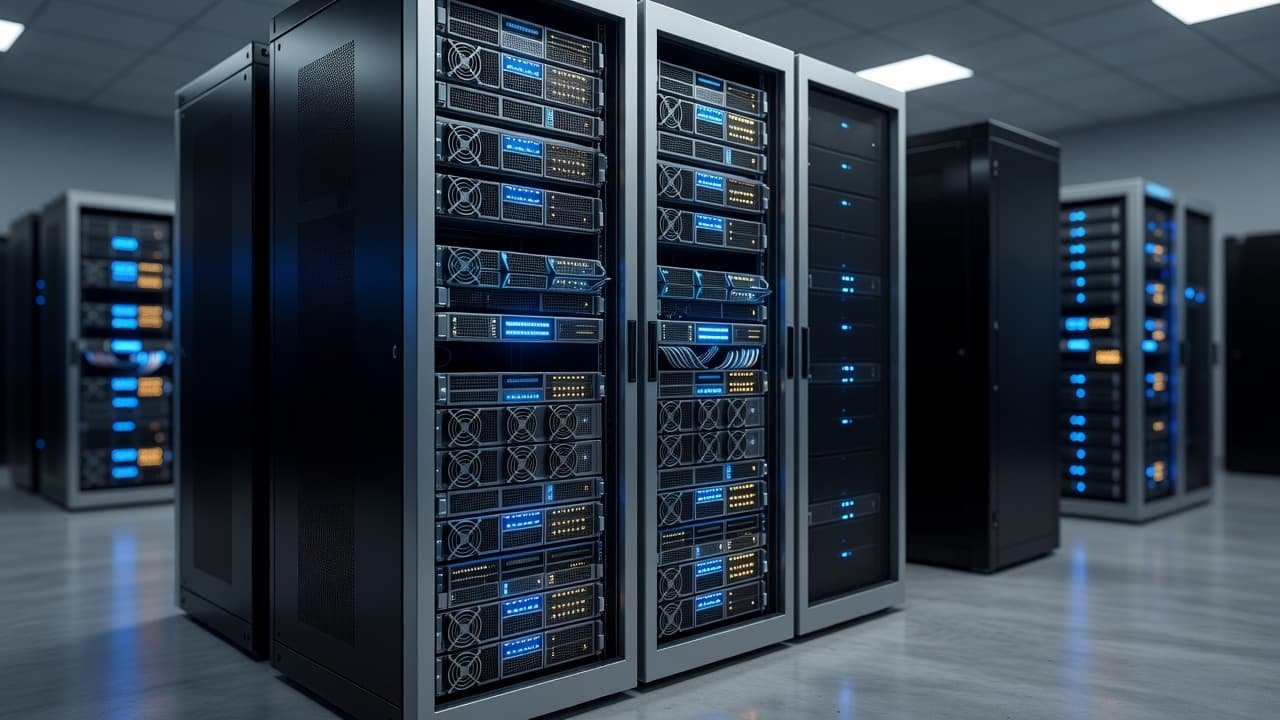 Server racks with glowing blue lights in a modern data center.