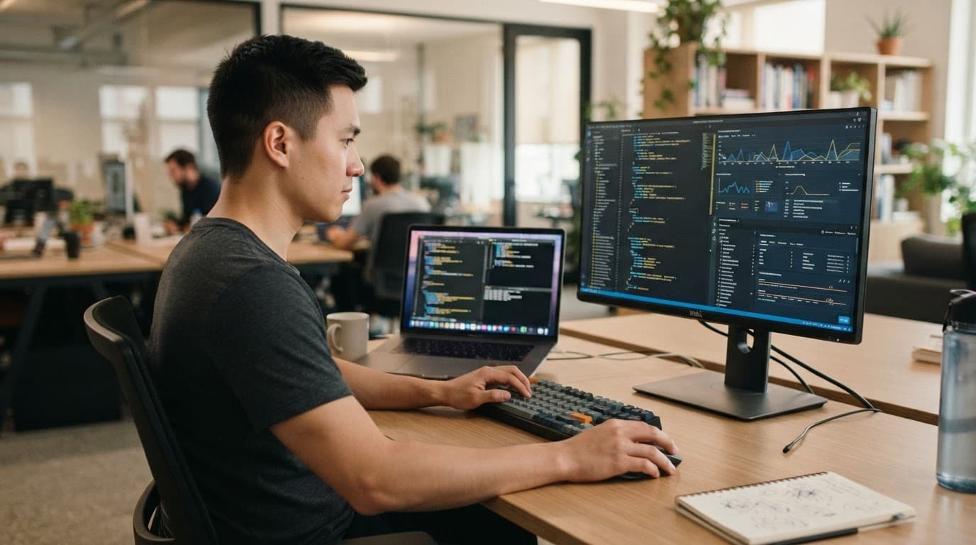 Snyk Pricing in 2026: What Enterprise Teams Should Buy 2 A developer typing on a laptop with an external monitor displaying code.