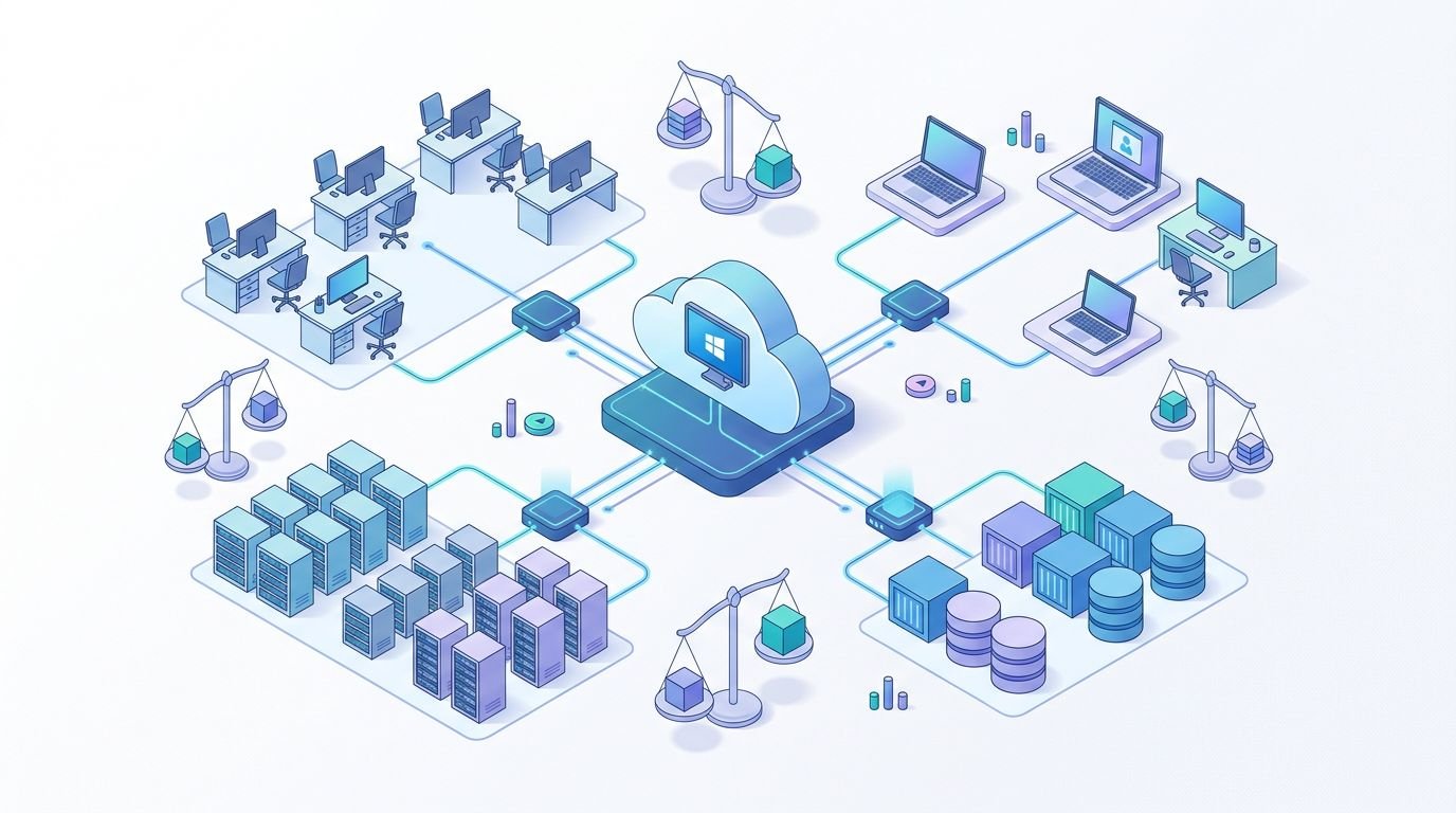Isometric illustration of an Azure cloud hub connected to workstations and servers with balance scales.
