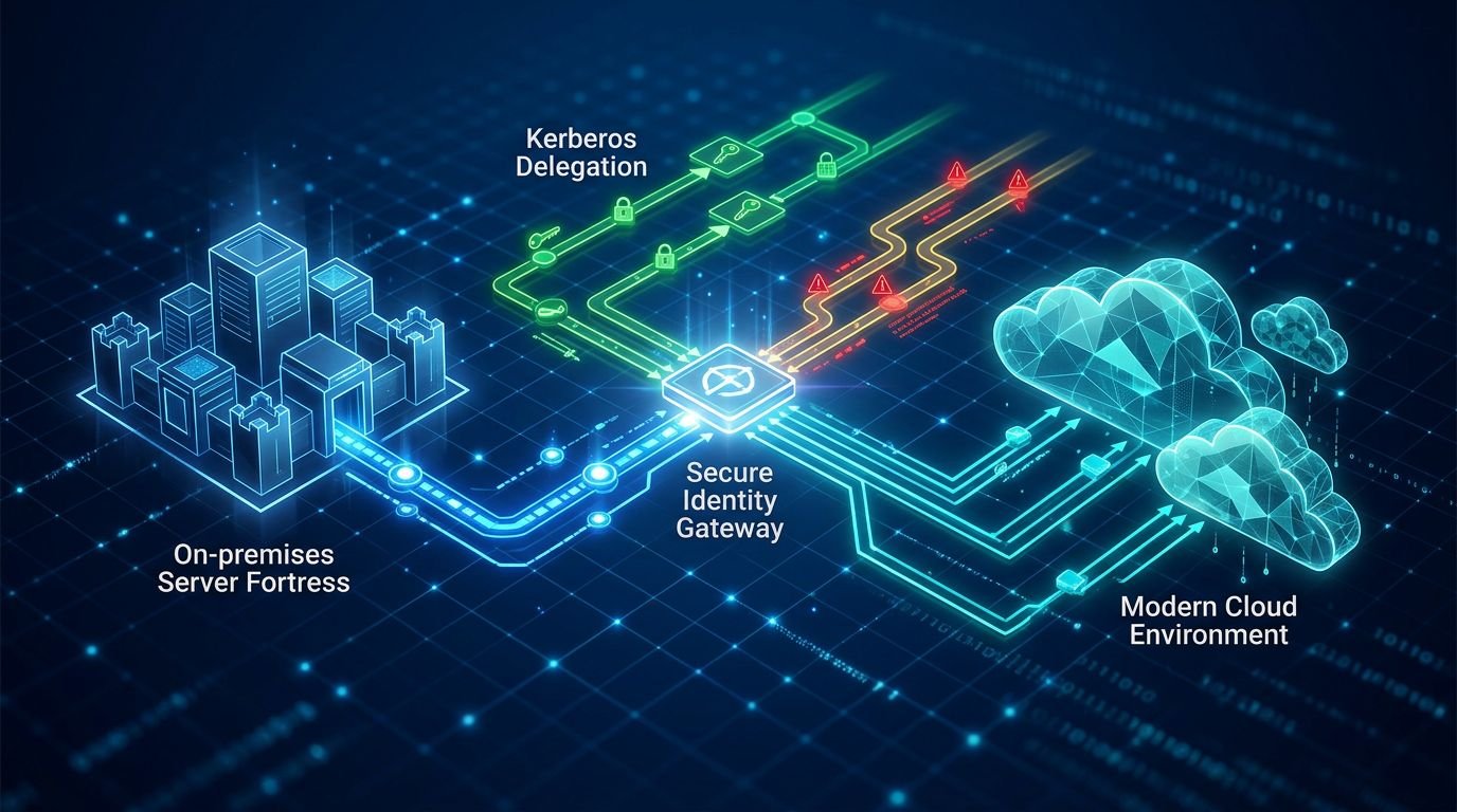 A glowing digital network architecture connecting an on-premises server to a cloud environment.