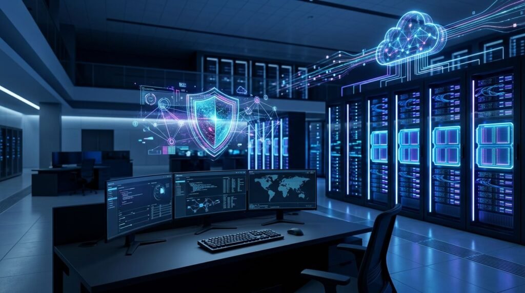 An empty security workstation with glowing screens, cloud servers, and a holographic shield.
