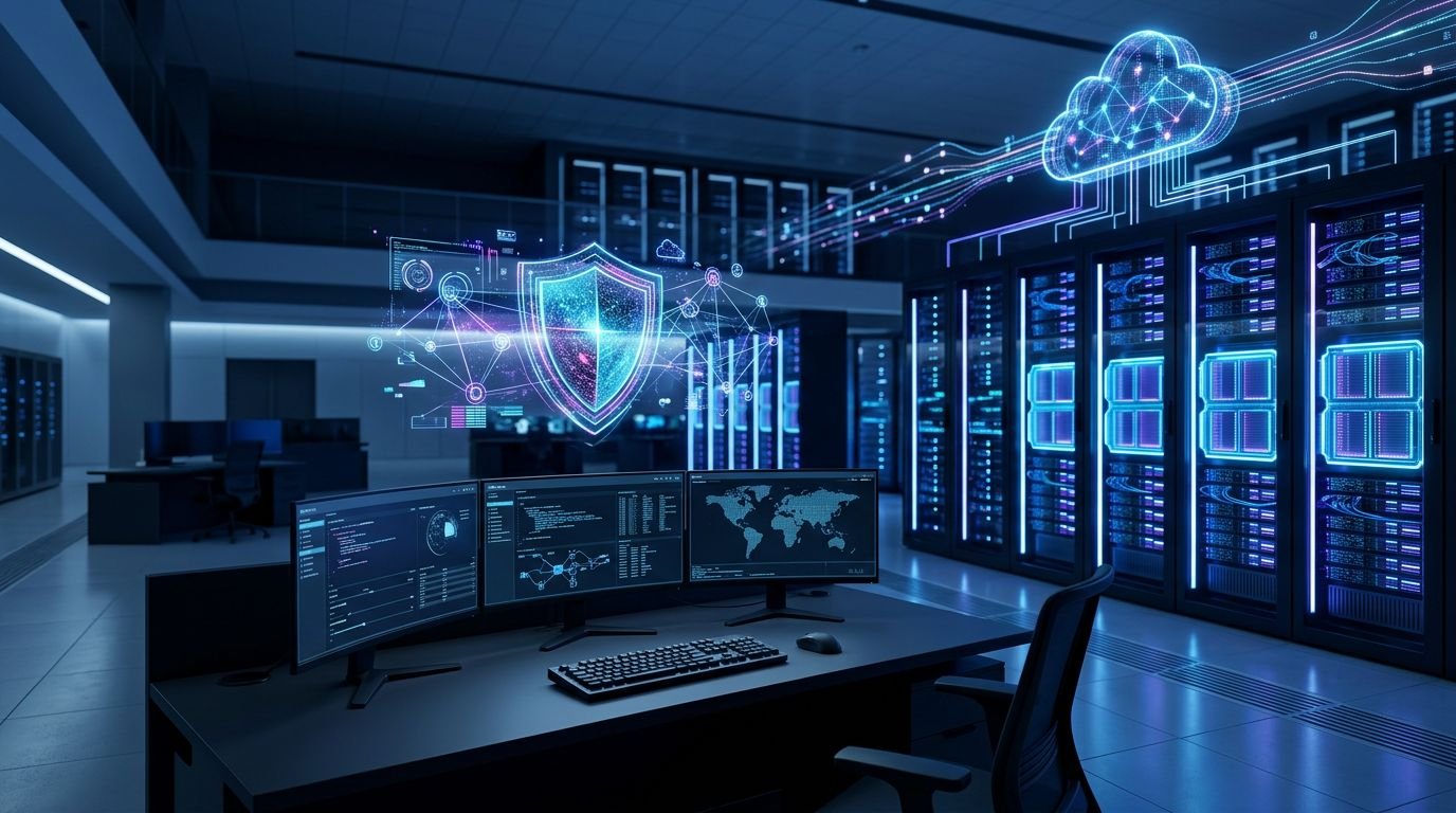 An empty security workstation with glowing screens, cloud servers, and a holographic shield.