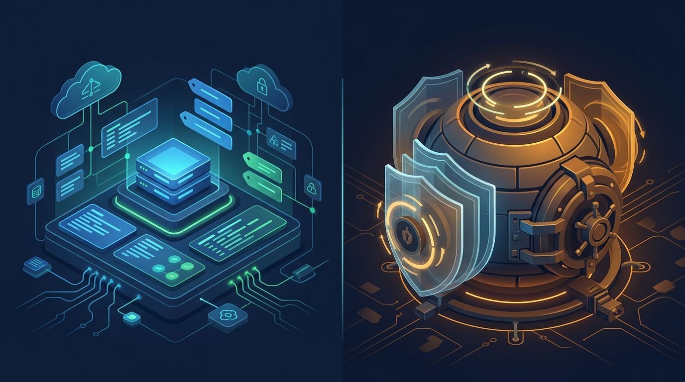 Split-screen graphic comparing a green parameter vault and an amber security vault on a dark background.