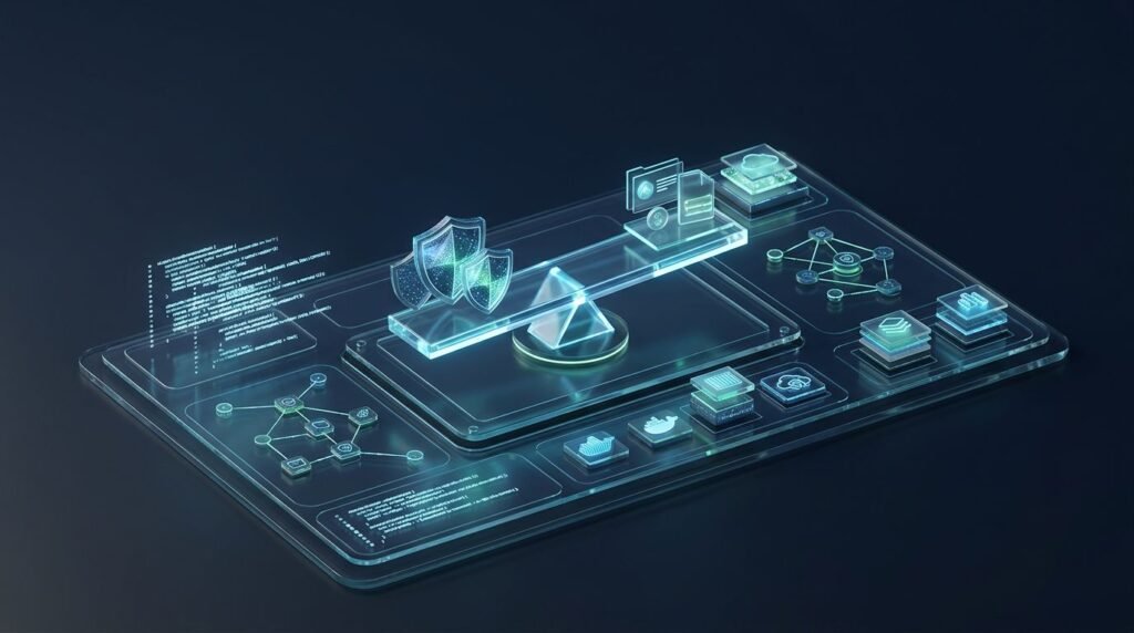 An illuminated balance scale and glowing code blocks on a dark glass security control panel.