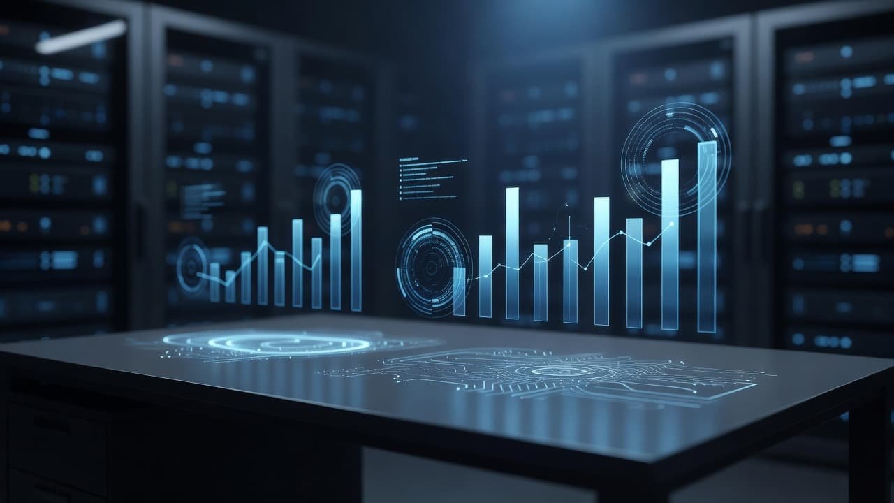 Microsoft Defender for Cloud Pricing for Hybrid Estates 2 Glowing blue bar charts and circular data visualizations hover above a dark professional desk. Soft light illuminates the floating analytics, set against a blurred server room background with intricate tech patterns.