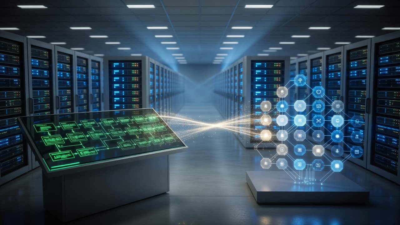 Slurm vs Kubernetes for Enterprise AI Clusters 1 Rows of glowing server racks surround a central digital bridge connecting two different computing interfaces.