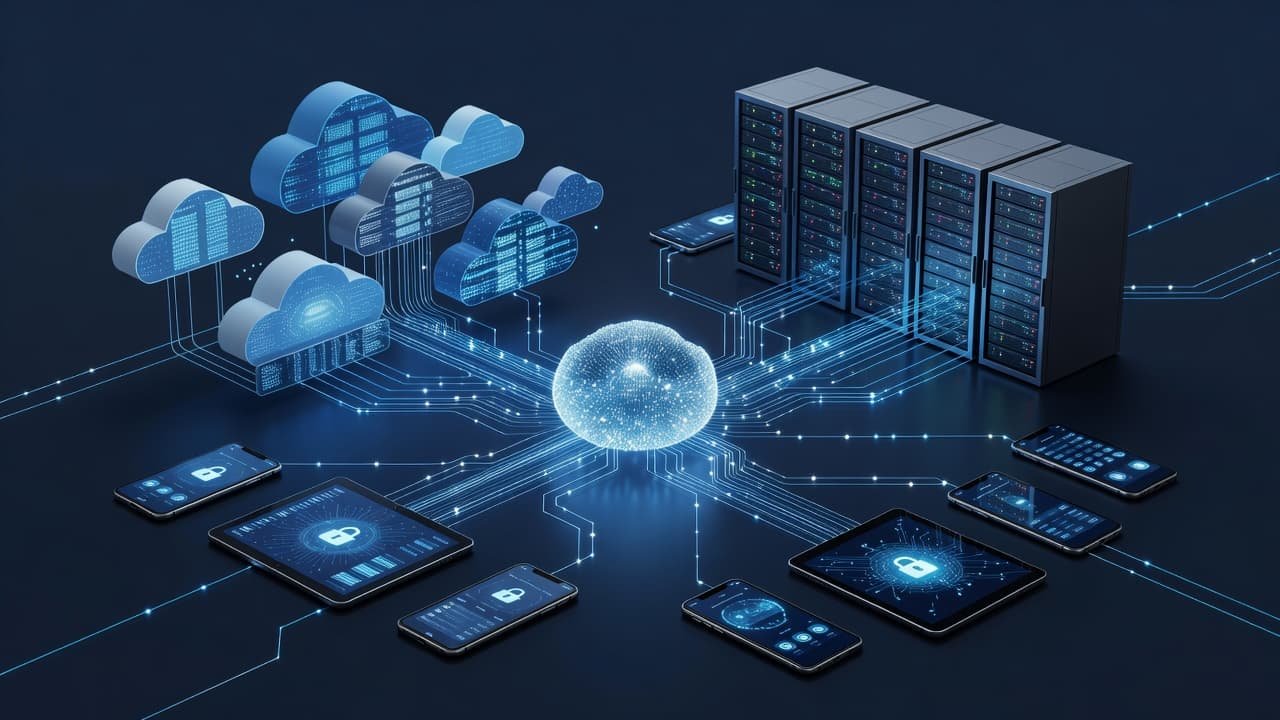 Microsoft Defender for Cloud Pricing for Hybrid Estates 1 A glowing central node connects to server racks and mobile devices using intricate digital lines. These luminous pathways symbolize data flow across a professional, dark blue technology ecosystem and security model.