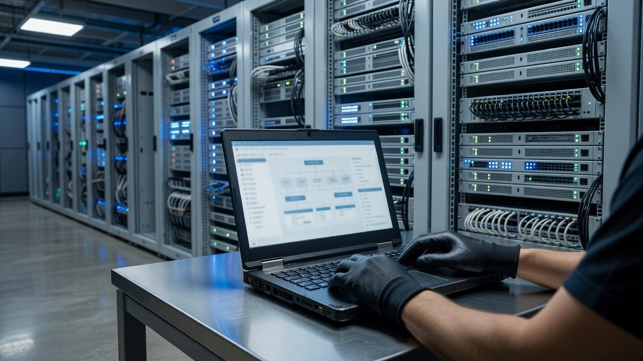 Internal PKI Renewal Runbook for Windows and Linux 1 A technician works on a laptop in a dimly lit server room filled with rack cabinets. Soft blue ambient lighting highlights the technical equipment and the orderly, professional environment throughout.