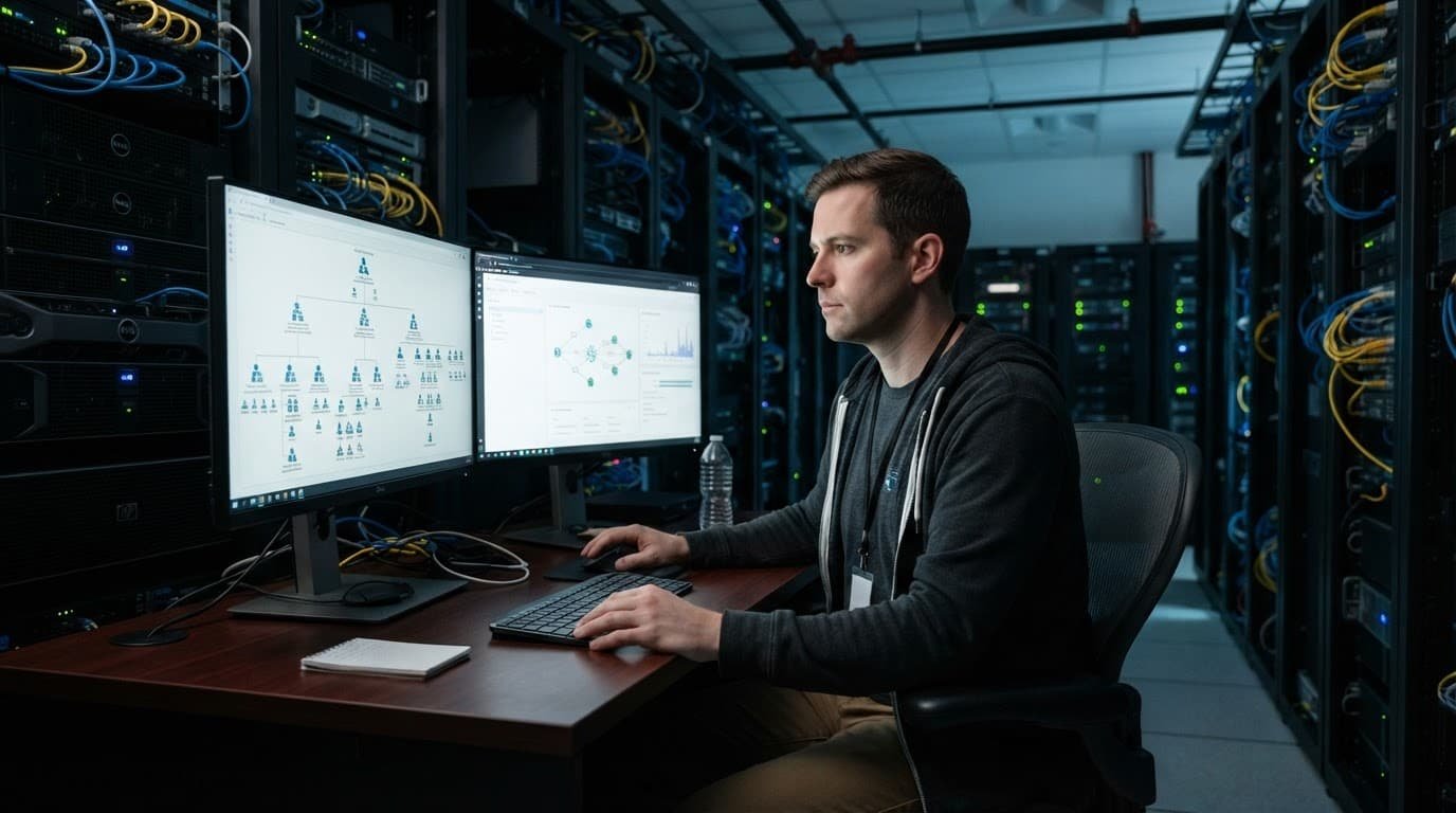 An IT professional reviewing server architecture on dual monitors inside a server room.