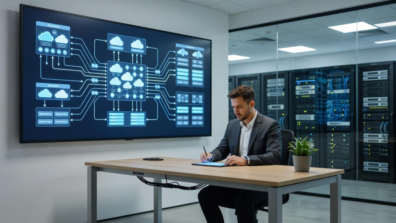 Kubernetes Ingress Migration After NGINX Retirement 1 An engineer reviewing cloud infrastructure diagrams on a large monitor in a modern office.