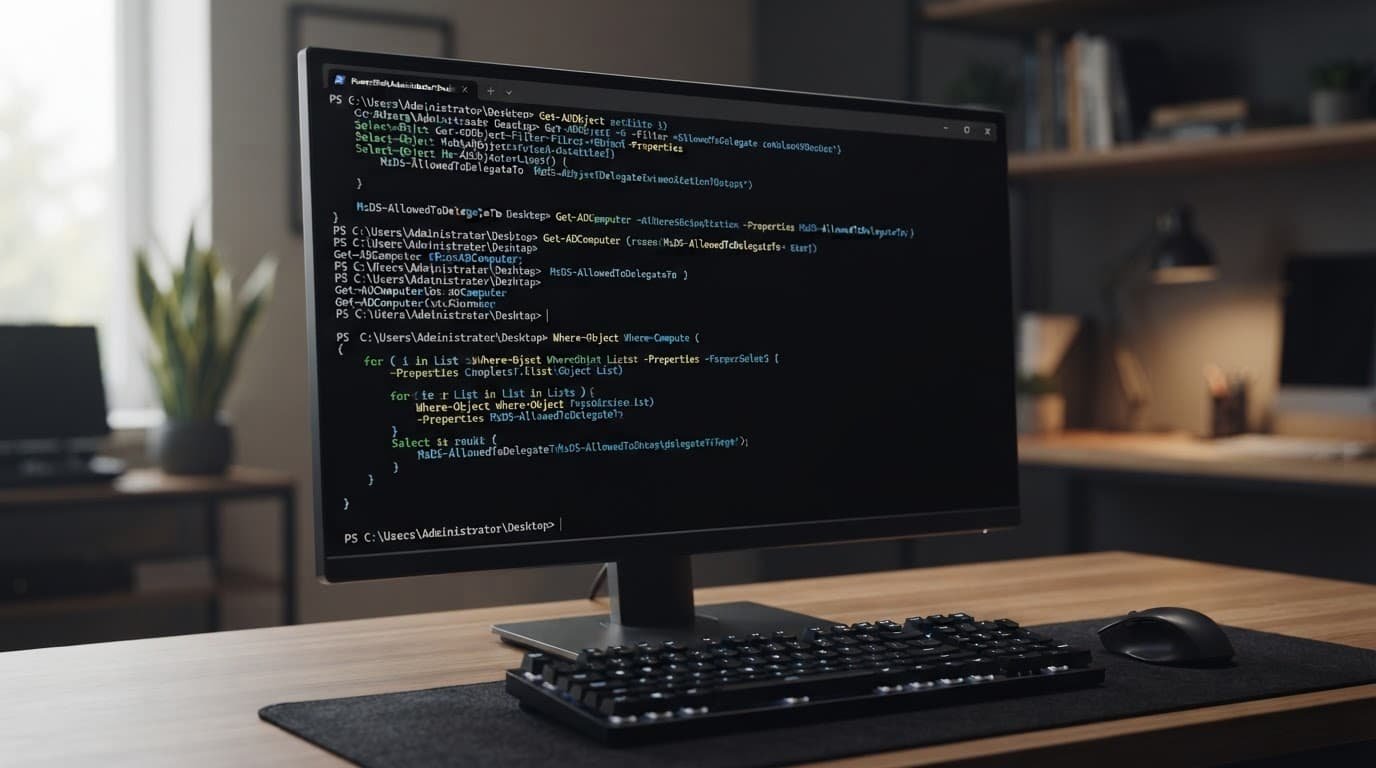 A computer monitor displaying command line code and PowerShell scripts on a dark theme.