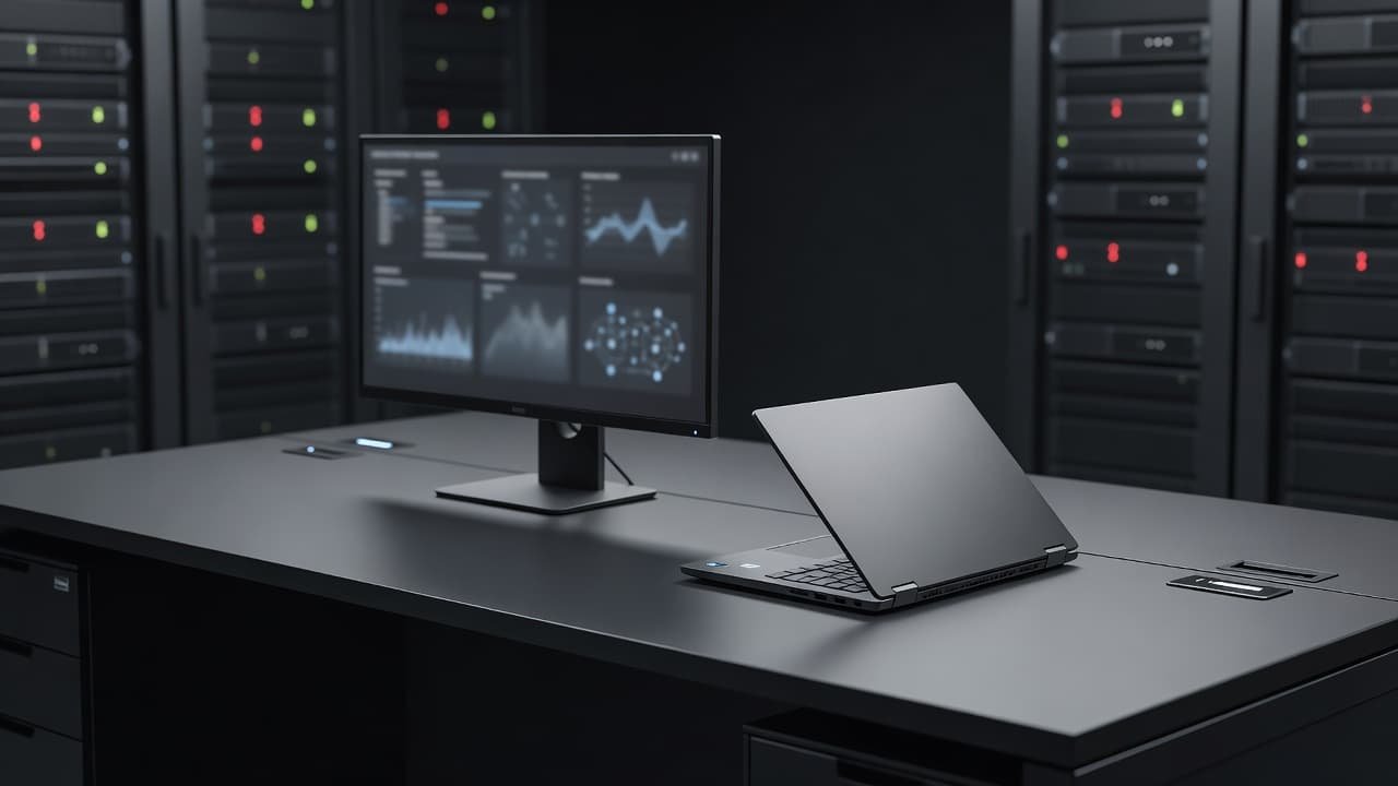 A sleek silver laptop sits open next to a high-end monitor on a dark, uncluttered desk. The dim office lighting emphasizes a professional, secure environment designed for focused administrative work tasks.